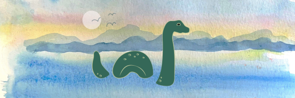 A watercolor background of Lake Champlain with Champ, or Gitaskog, in the foreground